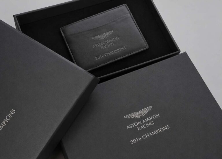 Custom Heat Embossed Leather Card Holder Hot Foil Silver Presentation Box Aston Martin Racing