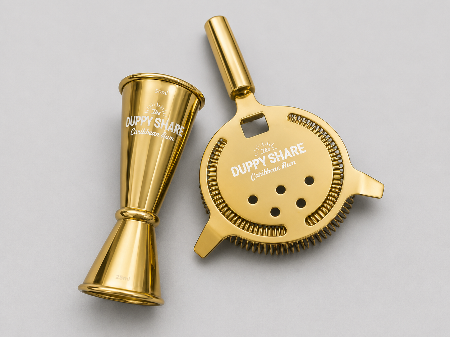 Duppy Share Gold Cocktail Jigger Hawthorne Strainer Metal Engraved Bar Tool Set