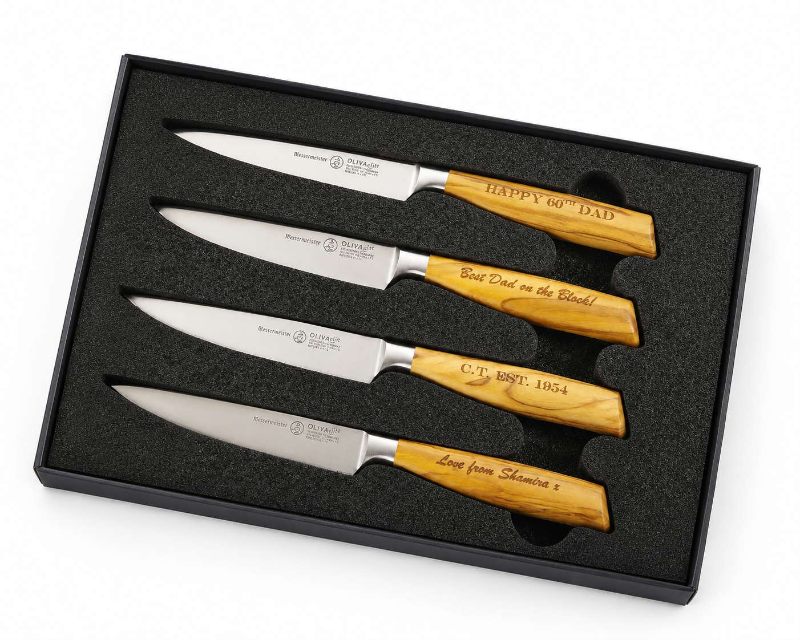 Laser Engraved Messermeister Oliva Elite Steak Knives Gift Set