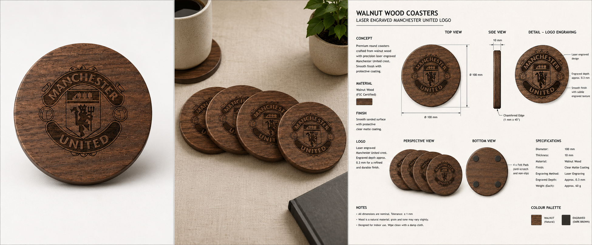 Custom American Walnut Coasters Manchester United Football Club Copy 1