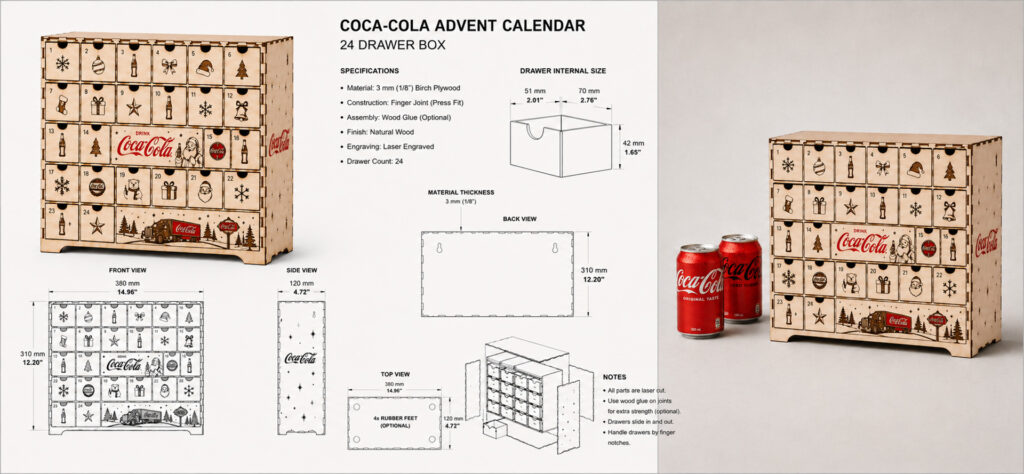 Custom Laser Cut Plywood Coca Cola Advent Calendar Copy