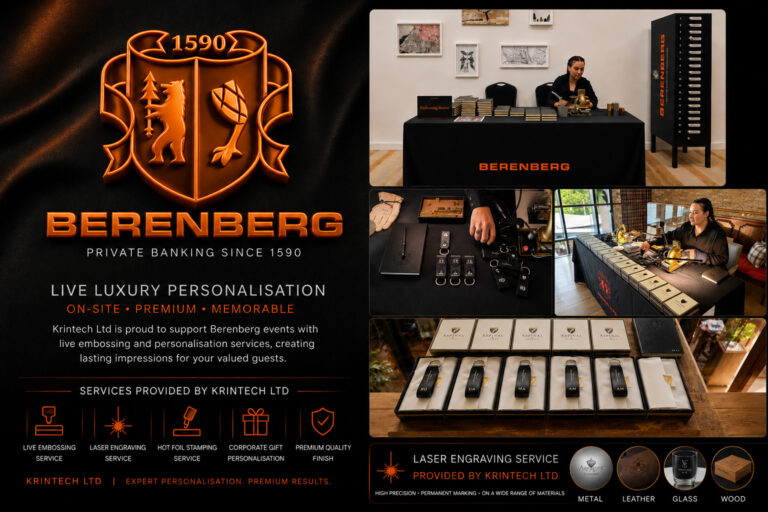 Live leather embossing and corporate gift personalisation at a Berenberg event in London